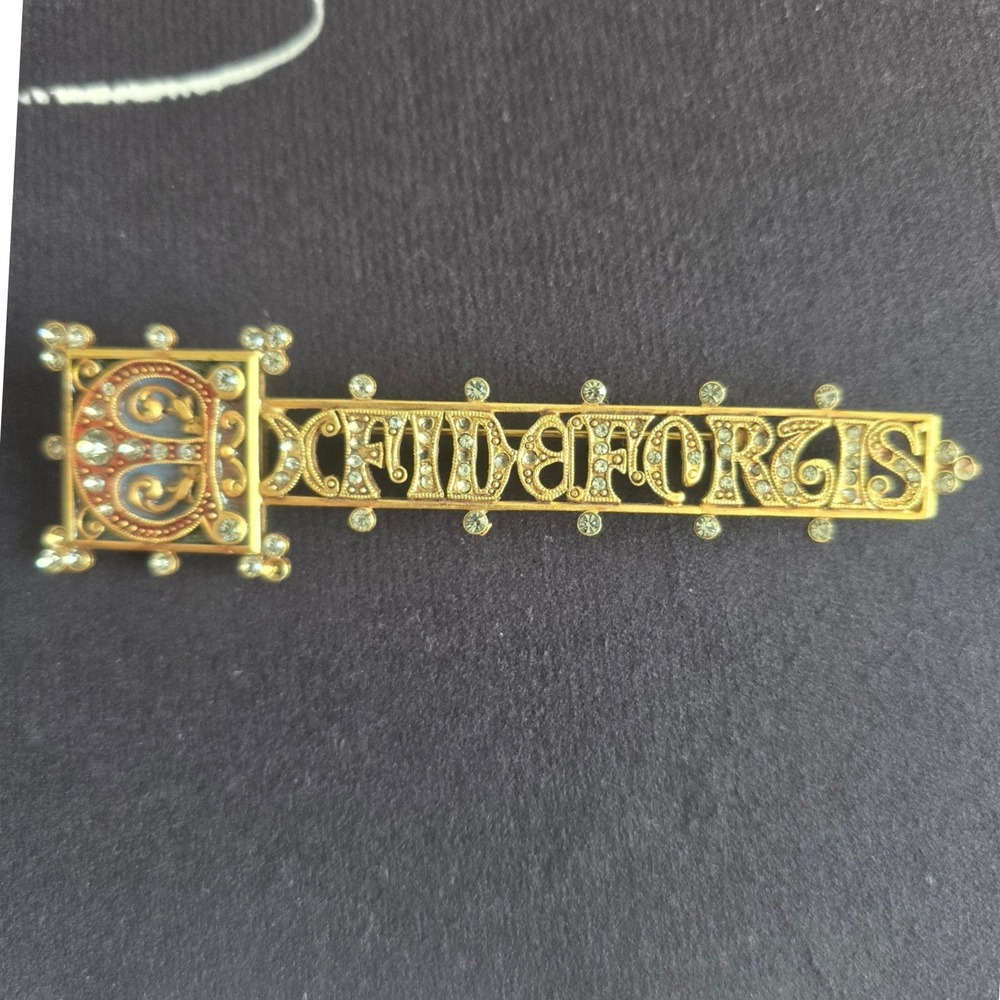 Sweet Romance Gold Tone Illuminated Manuscript Crystal Enamel Brooch Pin USA